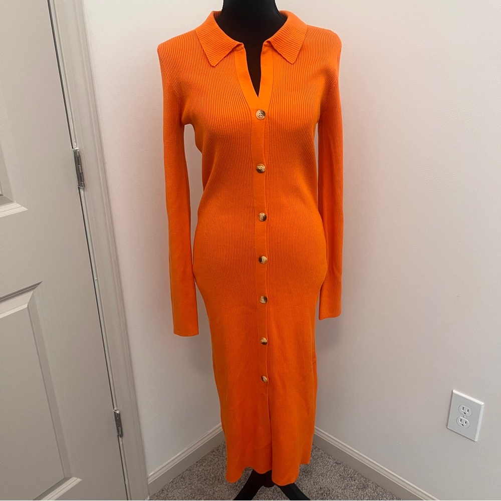 NWT VICI ACOA Orange Ribbed Button-Front Sweater Dress – Collared Long Sleeve M
